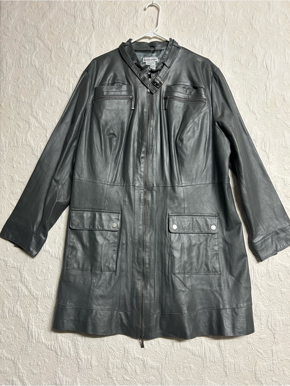 Jessica London dark/clay gray genuine Leather Longline Jacket